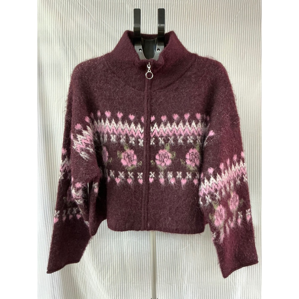 Wild Fable Burgundy Floral Fair Isle Zip‎ Up Cropped Sweater XL NWT Rose Heart